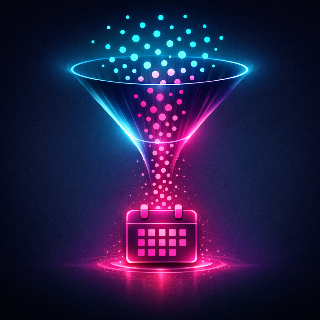 AI sales funnel illustration: dots flowing into calendar appointments