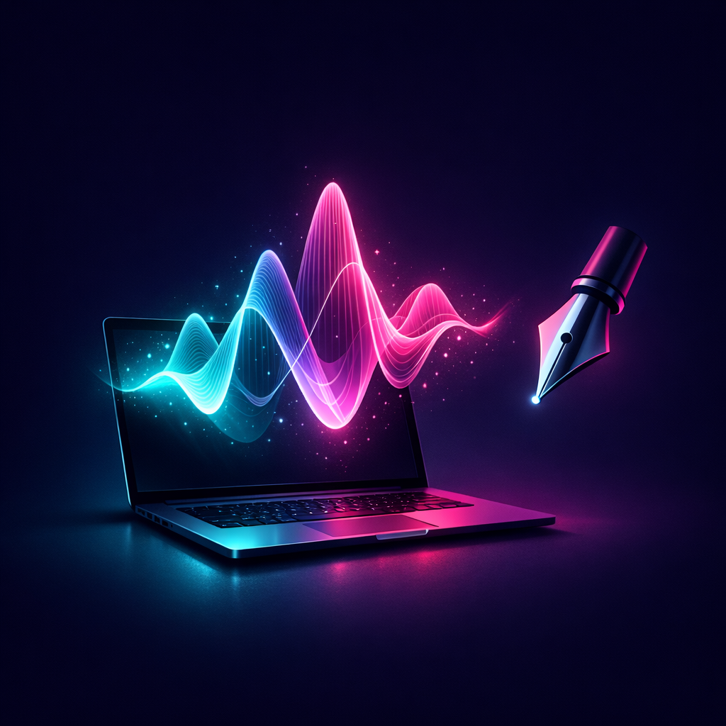 AI content creation illustration: laptop, waveform, pen nib
