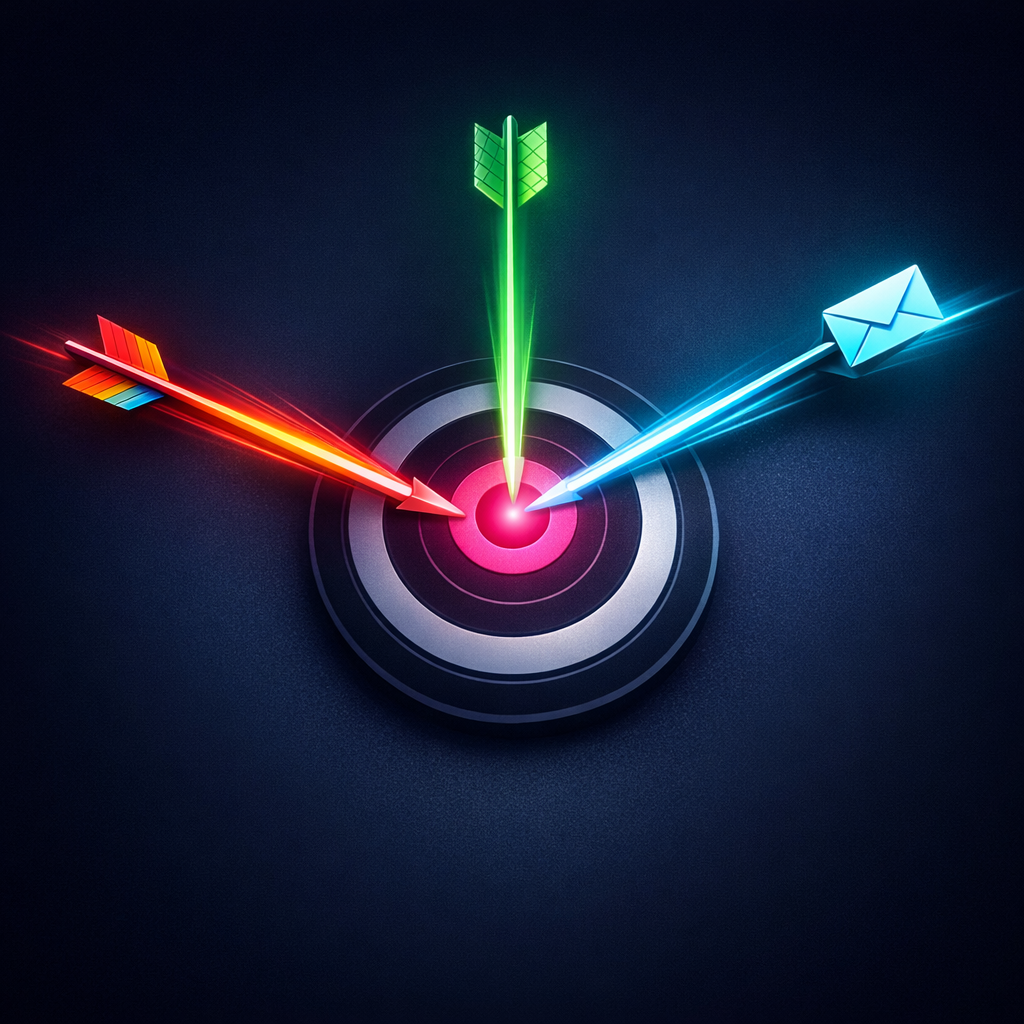 AI marketing illustration: three arrows converging into a target