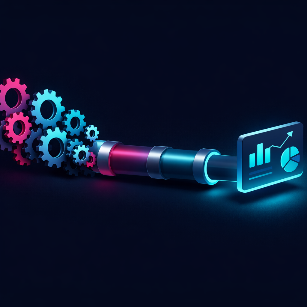 AI operations illustration: gears, pipeline, dashboard tile