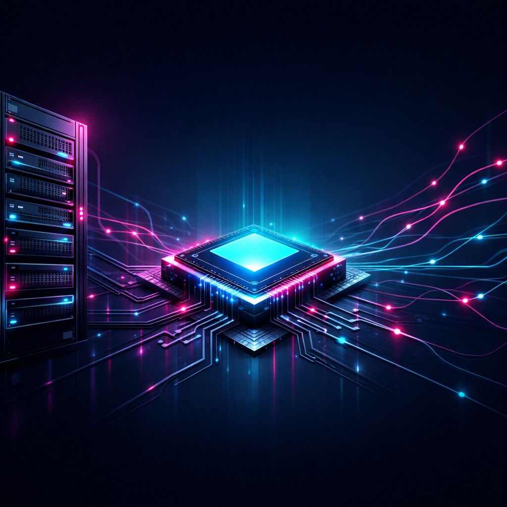 AI infrastructure illustration: server rack, chip, connection lines